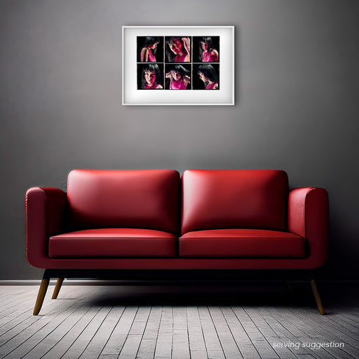 Framed A2 Lightbox portrait of Björk by Gavin Evans. Colour sequence in pink dress, displayed in monochrome room, Lightbox Collection.