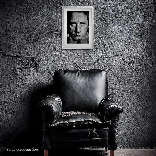 Framed B&W portrait of Brian Wilson by Gavin Evans, 1987. Gaze into the beyond, displayed in dystopian interior, Icons Collection.