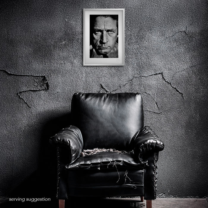 Framed B&W portrait of Brian Wilson by Gavin Evans, 1987. Gaze into the beyond, displayed in dystopian interior, Icons Collection.