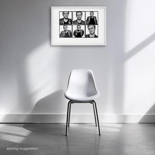 Framed A2 Lightbox of Daniel Craig by Gavin Evans. Six B&W portraits from a 1998 shoot. Displayed in empty white room, Lightbox Collection.