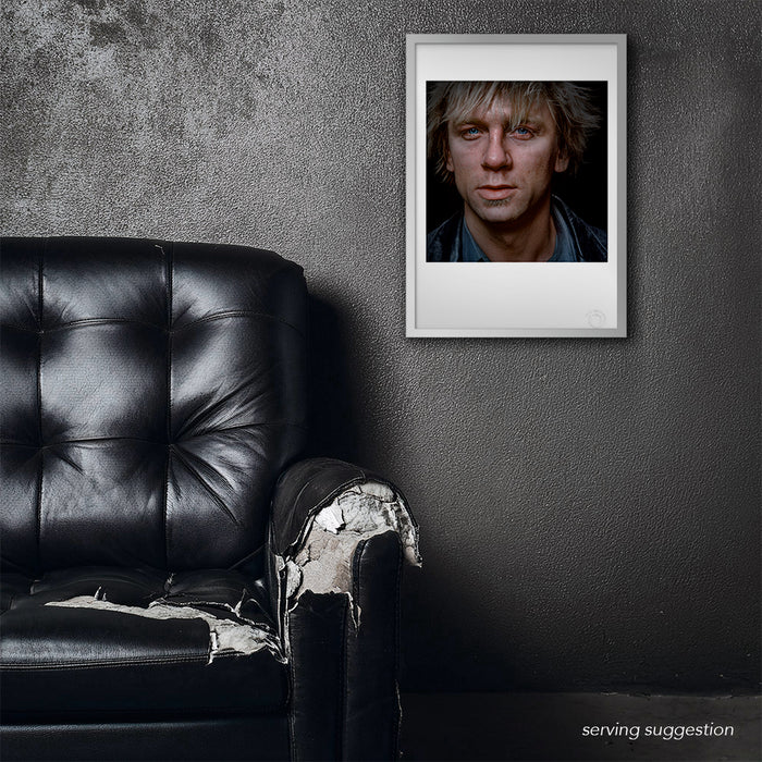 Framed Daniel Craig portrait by Gavin Evans, 1999. Intense and intimate close-up displayed in raw setting, Icons Collection.