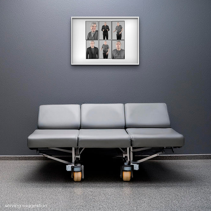 Framed A2 Lightbox of David Byrne by Gavin Evans. Colour portrait sequence in grey studio setting. Displayed in a monochrome setting, Lightbox Collection.