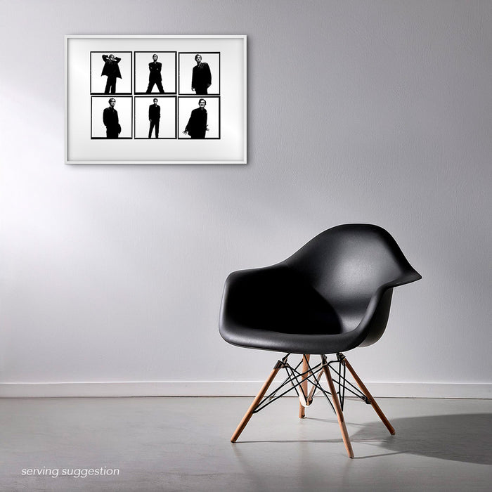 Framed A2 Lightbox of David Tennant by Gavin Evans. Six black and white portrait frames, 1997. Displayed in stylish monochrome room, Lightbox Collection.