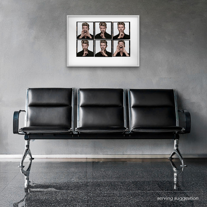 Framed colour Lightbox of David Bowie by Gavin Evans. Six expressive frames from The Session, displayed in airport lounge, Lightbox Collection.