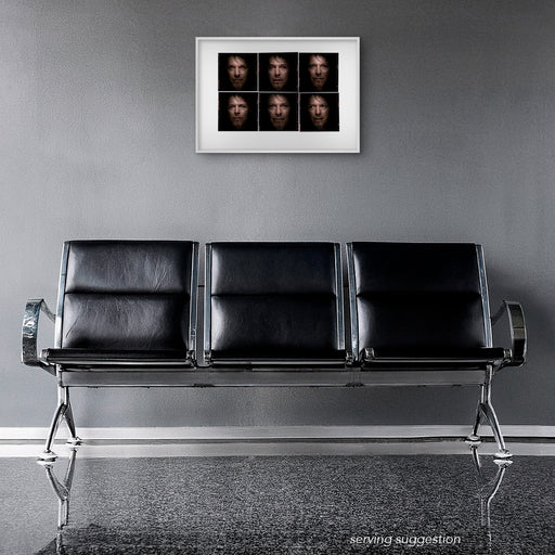 Framed colour Lightbox of David Bowie by Gavin Evans. Six close-up images looking out from shadow. Displayed in an airport waiting lounge, Lightbox Collection.