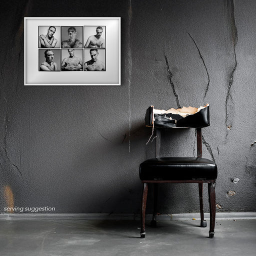 Framed B&W Lightbox of Derek Jarman by Gavin Evans. Six naked portraits from 1993. Displayed in dilapidated monochrome room, Lightbox Collection