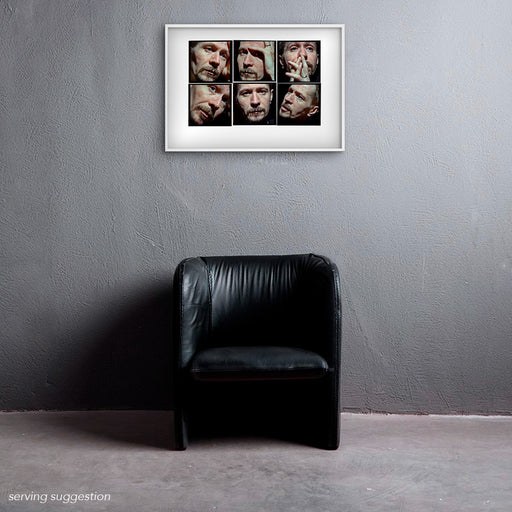 Framed A2 Lightbox of Gary Oldman by Gavin Evans. Intense extreme close-ups from 1998. Displayed in monochrome room, Lightbox Collection.