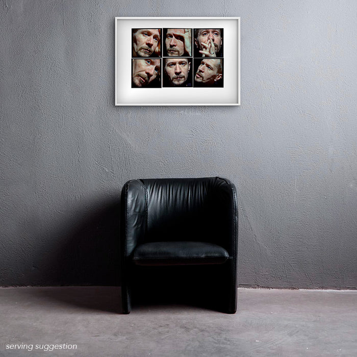Framed A2 Lightbox of Gary Oldman by Gavin Evans. Intense extreme close-ups from 1998. Displayed in monochrome room, Lightbox Collection.