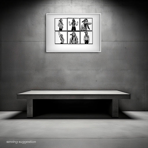 Framed A2 Lightbox of Iggy Pop by Gavin Evans. Black and white portraits with crow feather styling, 1996. Displayed in monochrome room, Lightbox Collection.