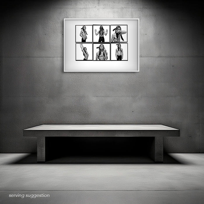 Framed A2 Lightbox of Iggy Pop by Gavin Evans. Black and white portraits with crow feather styling, 1996. Displayed in monochrome room, Lightbox Collection.