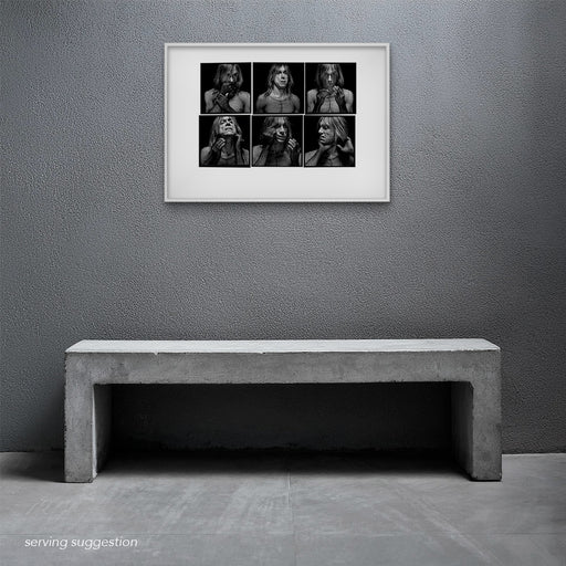 Framed A2 Lightbox of Iggy Pop by Gavin Evans. B&W 1996 portrait sequence with fishnet styling. Displayed in monochrome space, Lightbox Collection.