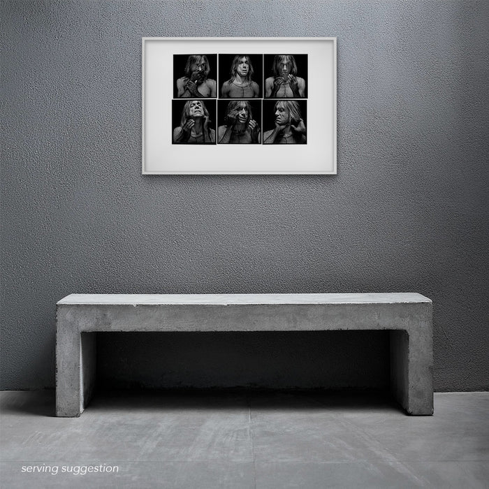 Framed A2 Lightbox of Iggy Pop by Gavin Evans. B&W 1996 portrait sequence with fishnet styling. Displayed in monochrome space, Lightbox Collection.