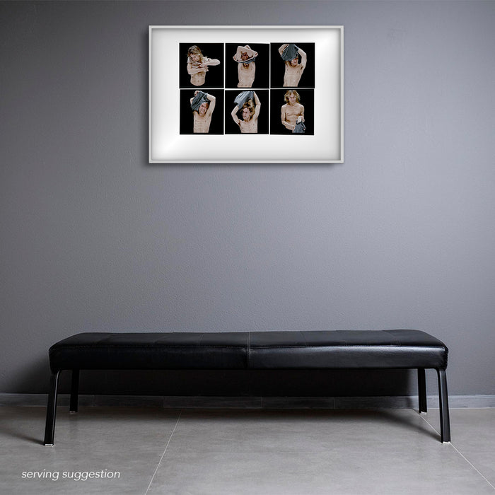 Framed A2 Lightbox of Iggy Pop by Gavin Evans. Six-frame 1996 portrait series removing Bandaid top. Displayed in a monochrome room, Lightbox Collection.