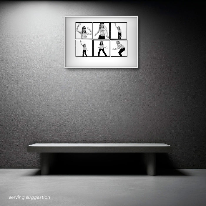 Framed A2 Lightbox of Iggy Pop by Gavin Evans. B&W portraits in motion, 1996. Displayed in a monochrome room, Lightbox Collection.