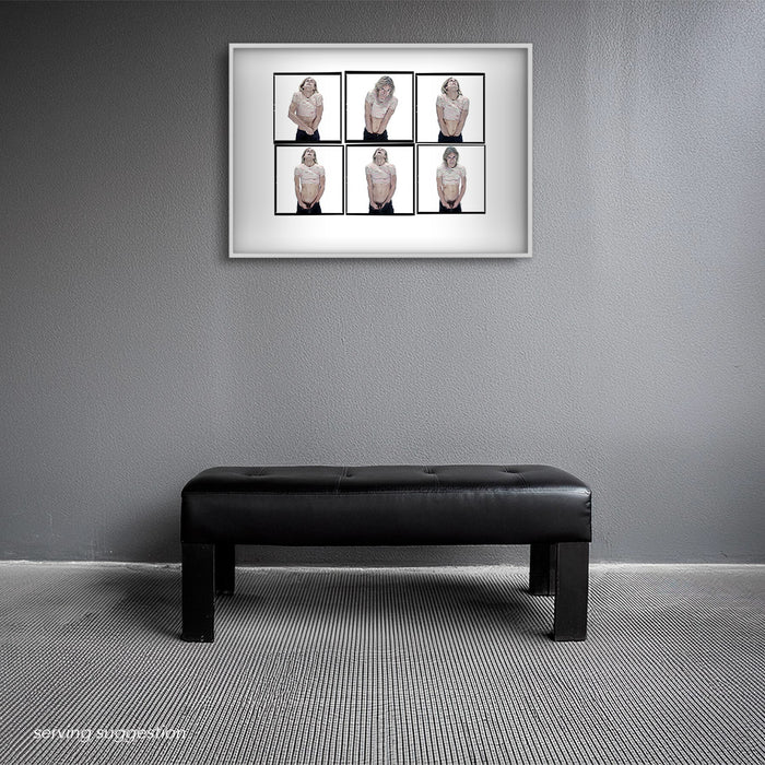 Framed A2 Lightbox of Iggy Pop by Gavin Evans. Colour portraits wearing Bandaid top, 1996. Displayed in a monochrome room, Lightbox Collection.