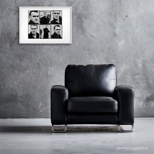 Framed A2 Lightbox of Morrissey by Gavin Evans. B&W 1997 portraits. Displayed monochrome room, Lightbox Collection.