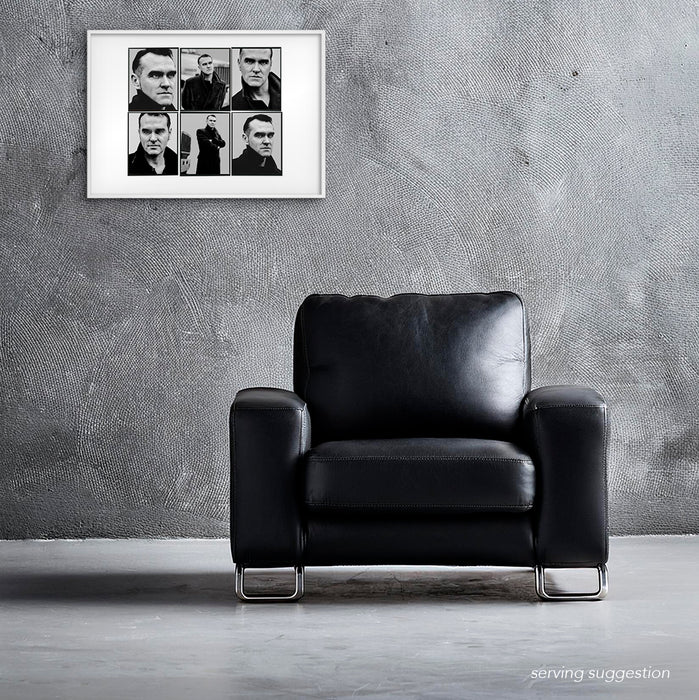 Framed A2 Lightbox of Morrissey by Gavin Evans. B&W 1997 portraits. Displayed monochrome room, Lightbox Collection.