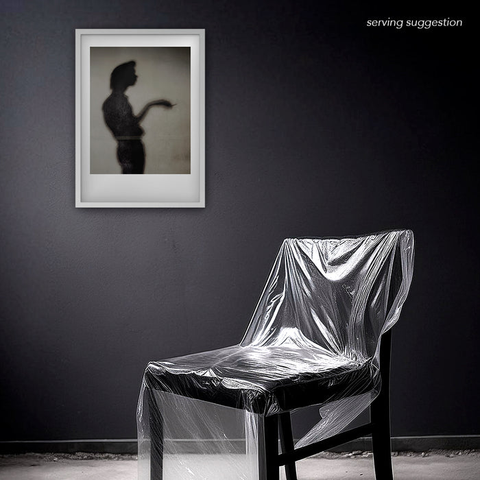 Framed colour silhouette portrait of Nick Cave by Gavin Evans. Shadow pose with cigarette. Displayed in monochrome room, Nick Cave Collection.