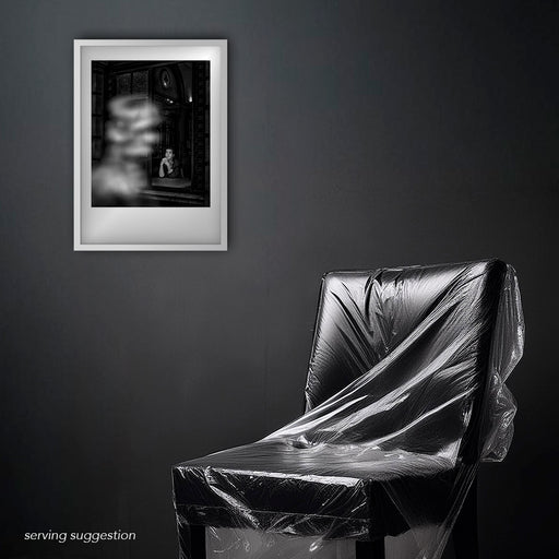 Framed B&W window portrait of Nick Cave by Gavin Evans. Ghostly figure in background. Displayed in dilapidated monochrome room, Nick Cave Collection.