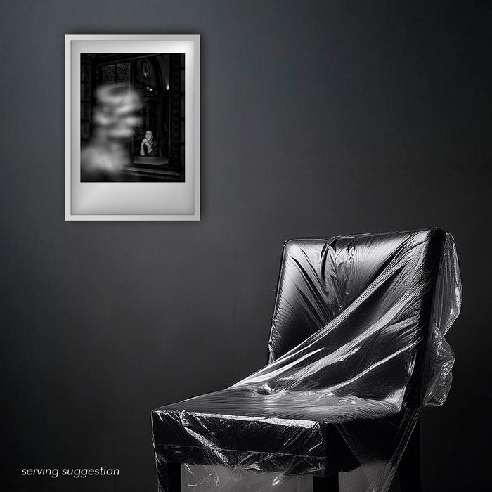 Framed B&W window portrait of Nick Cave by Gavin Evans. Ghostly figure in background. Displayed in dilapidated monochrome room, Nick Cave Collection.