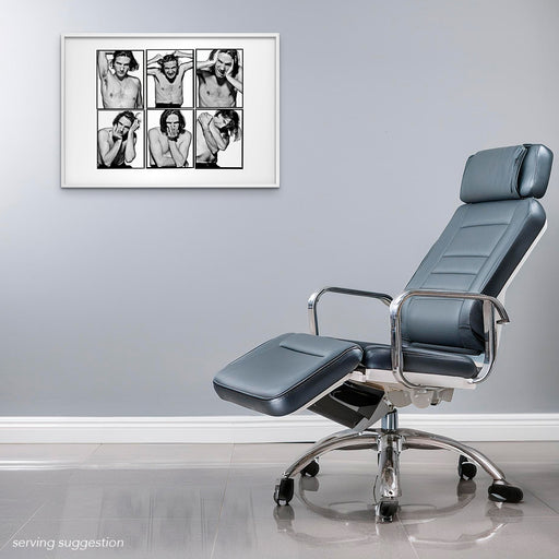 Framed A2 Lightbox of Ralph Fiennes by Gavin Evans. Six playful B&W portraits from 1991. Displayed in an office, Lightbox Collection.