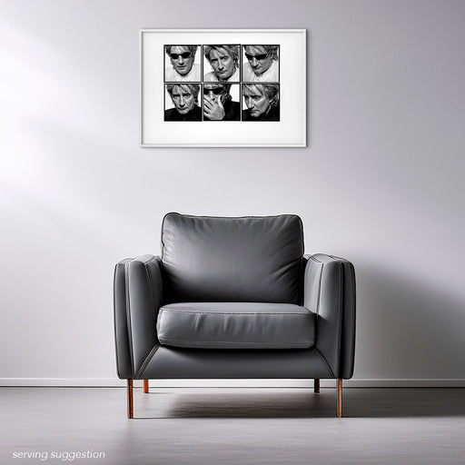Framed A2 Lightbox of Rod Stewart by Gavin Evans. B&W portrait series with wraparound sunglasses, 1995. Displayed in stylish monochrome room, Lightbox Collection.