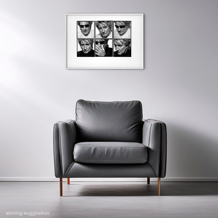 Framed A2 Lightbox of Rod Stewart by Gavin Evans. B&W portrait series with wraparound sunglasses, 1995. Displayed in stylish monochrome room, Lightbox Collection.