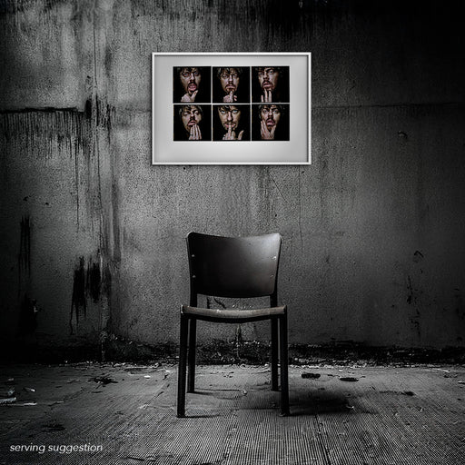 Framed A2 Lightbox of Suzy Eddie Izzard by Gavin Evans. Six colour studio portraits, 1998. Displayed in dilapidated room, Lightbox Collection.