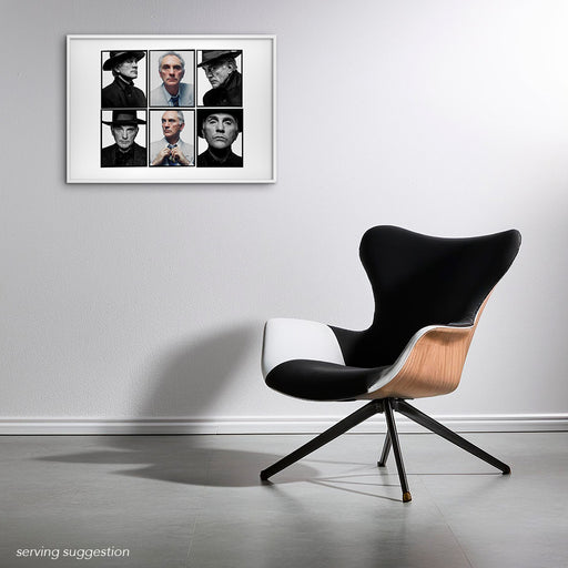 Framed A2 Lightbox of Terence Stamp by Gavin Evans. Six-frame portrait series, colour and black & white. Displayed in monochrome space, Lightbox Collection.