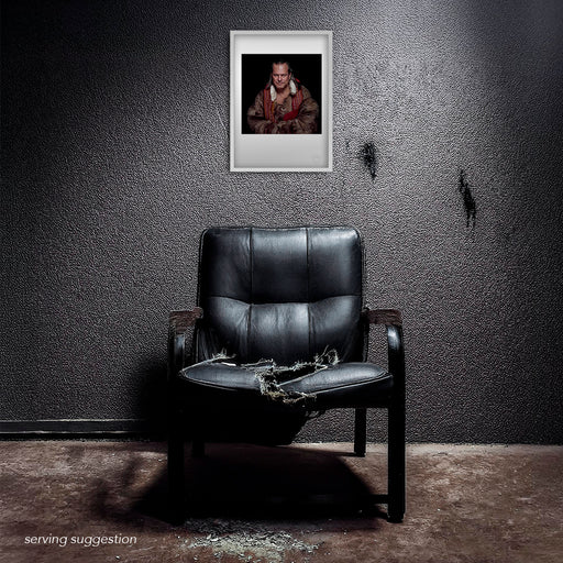 Framed view of the Terry Gilliam A3 portrait displayed in a dilapidated, distressed room. The combination of fur coat, black backdrop, and Gilliam’s playful expression adds absurd elegance to the gritty space.