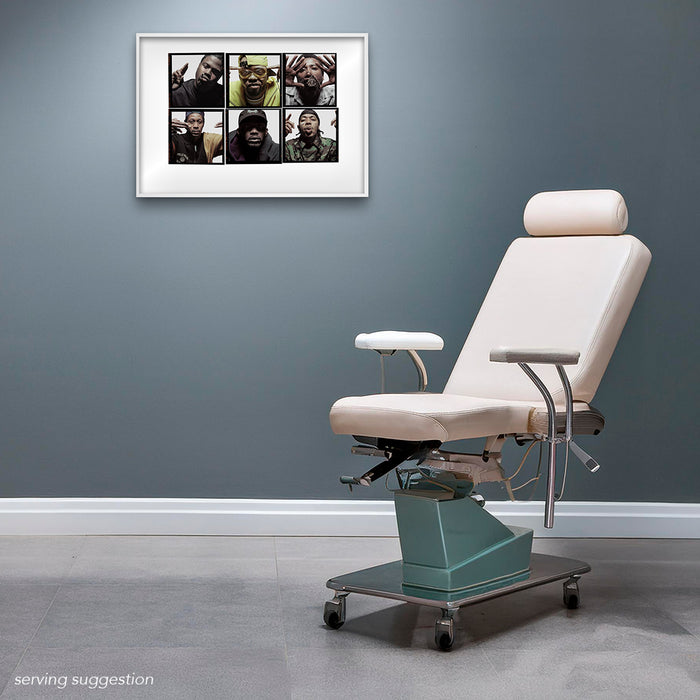 Framed A2 Lightbox of Wu-Tang Clan by Gavin Evans. Close-up portraits from 1997 session. Displayed in empty operating theatre, Lightbox Collection.