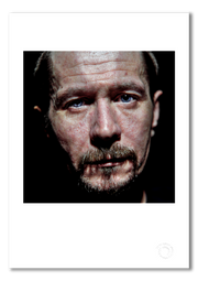 Gary Oldman #2, direct gaze, black background, colour, London 1998, by Gavin Evans — fine art photography print