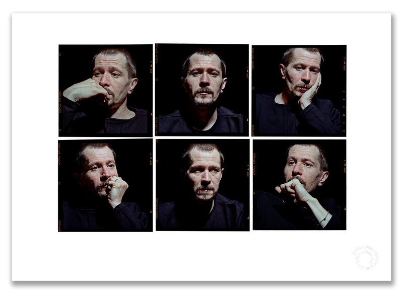 Gary Oldman Lightbox #1, six-frame colour mid-length portraits, black background, London 1998, by Gavin Evans — A2 fine art photography print