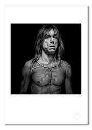 Iggy Pop #12, fishnet stockings as top, black background, Biopic cover, black and white, London 1996, by Gavin Evans — fine art photography print