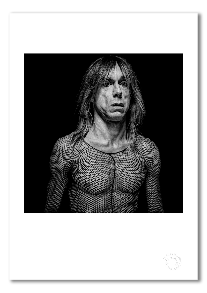 Iggy Pop #12, fishnet stockings as top, black background, Biopic cover, black and white, London 1996, by Gavin Evans — fine art photography print