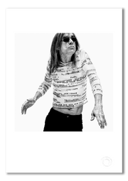 Iggy Pop #14, mid-dance, profanity-print shirt, black and white, London 1996, by Gavin Evans — fine art photography print