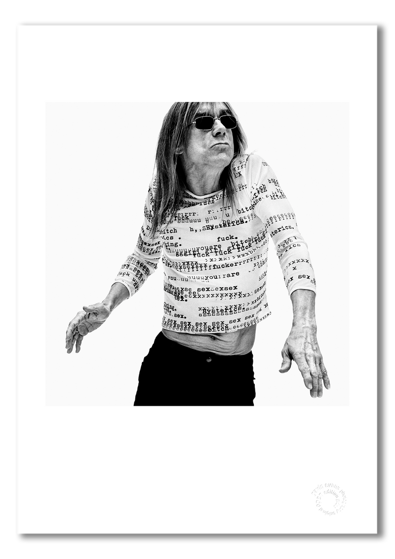 Iggy Pop #14, mid-dance, profanity-print shirt, black and white, London 1996, by Gavin Evans — fine art photography print