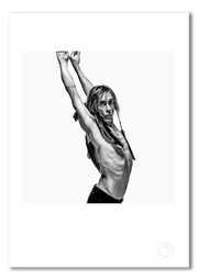 Iggy Pop #3, full profile, arms skyward, crow feathers, black and white, London 1996, by Gavin Evans — fine art photography print