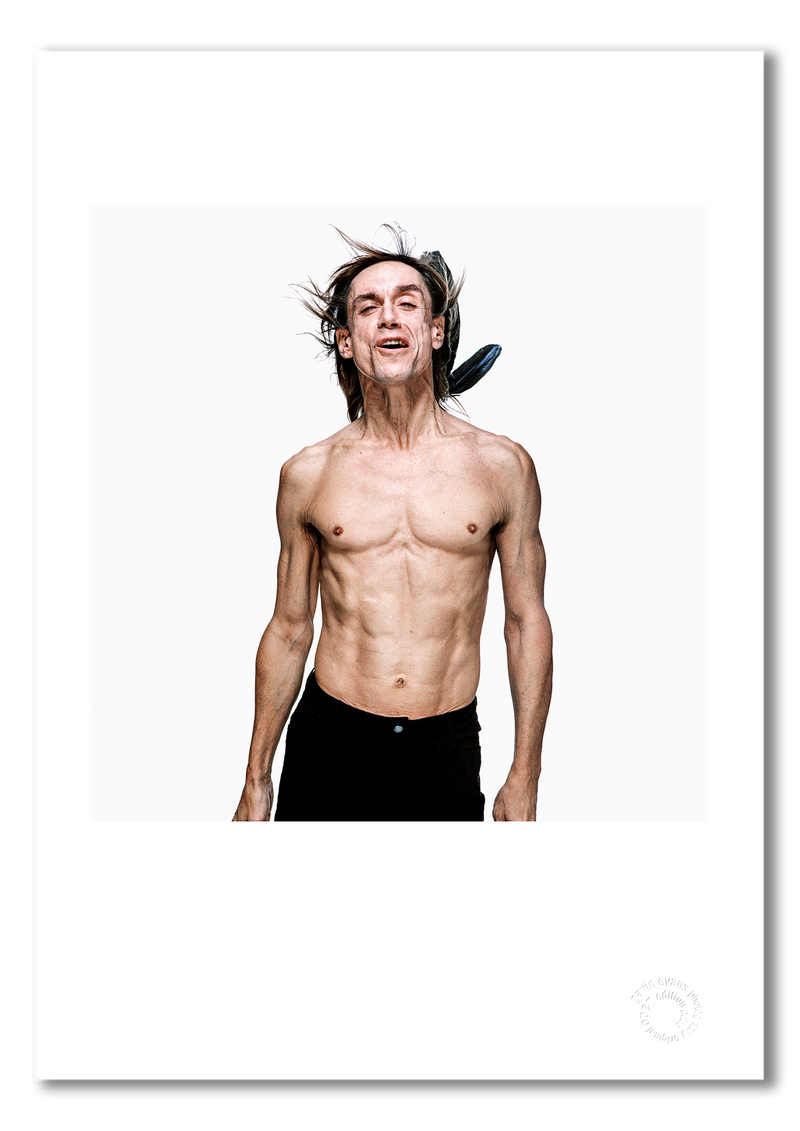 Iggy Pop #5, mouth open, crow feathers, colour, London 1996, by Gavin Evans — fine art photography print