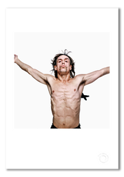 Iggy Pop #6, arms outstretched, crow feathers, colour, London 1996, by Gavin Evans — fine art photography print