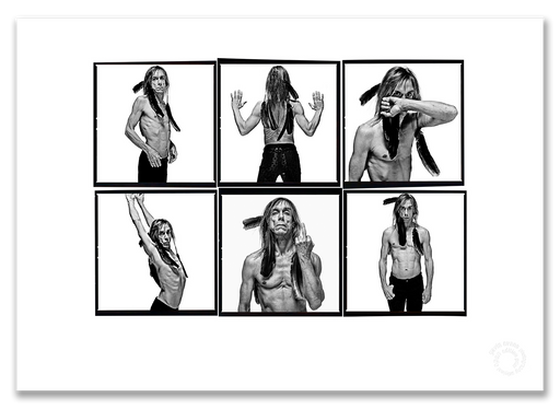 Iggy Pop Lightbox #1, bare-chested, crow feathers, black and white, white background, London 1996, by Gavin Evans — A2 fine art photography print