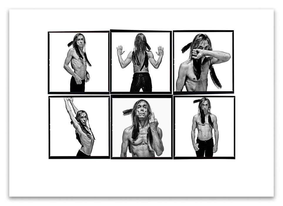 A2 Lightbox print of Iggy Pop by Gavin Evans. Six B&W studio portraits from 1996, styled with crow feathers. Open edition with white border, Lightbox Collection.