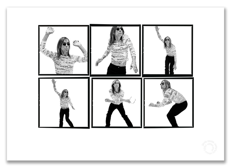 Iggy Pop Lightbox #2, mid-dance, profanity-print shirt, black and white, London 1996, by Gavin Evans — A2 fine art photography print