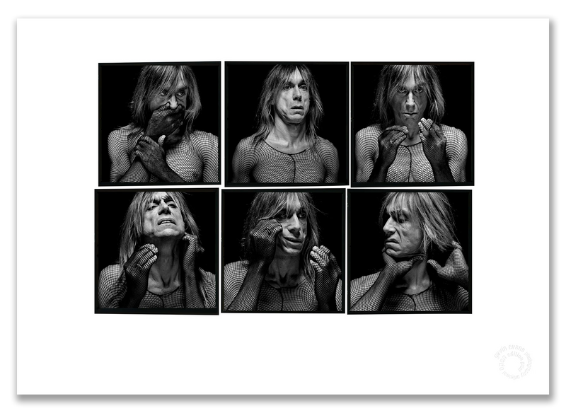 Iggy Pop Lightbox #3, fishnet stockings as top, black and white, black background, London 1996, by Gavin Evans — A2 fine art photography print