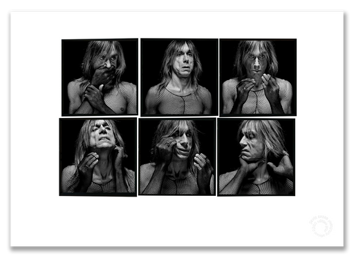 Iggy Pop Lightbox #3, fishnet stockings as top, black and white, black background, London 1996, by Gavin Evans — A2 fine art photography print