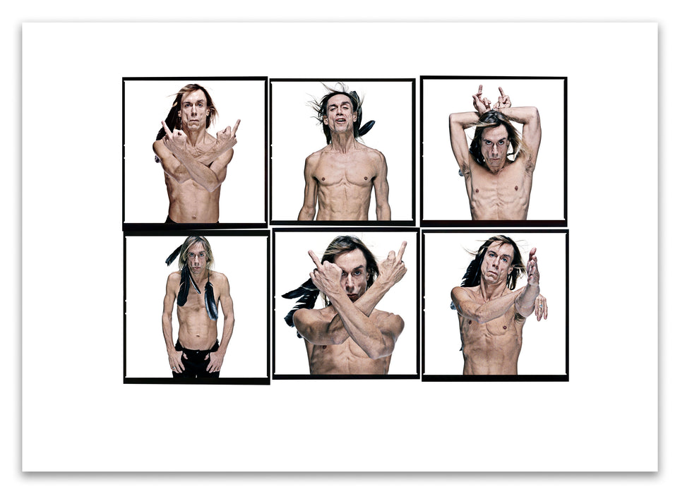 A2 Lightbox print of Iggy Pop by Gavin Evans. Six static colour portraits from 1996 with feather styling, bare-chested. Open edition with white border, Lightbox Collection.