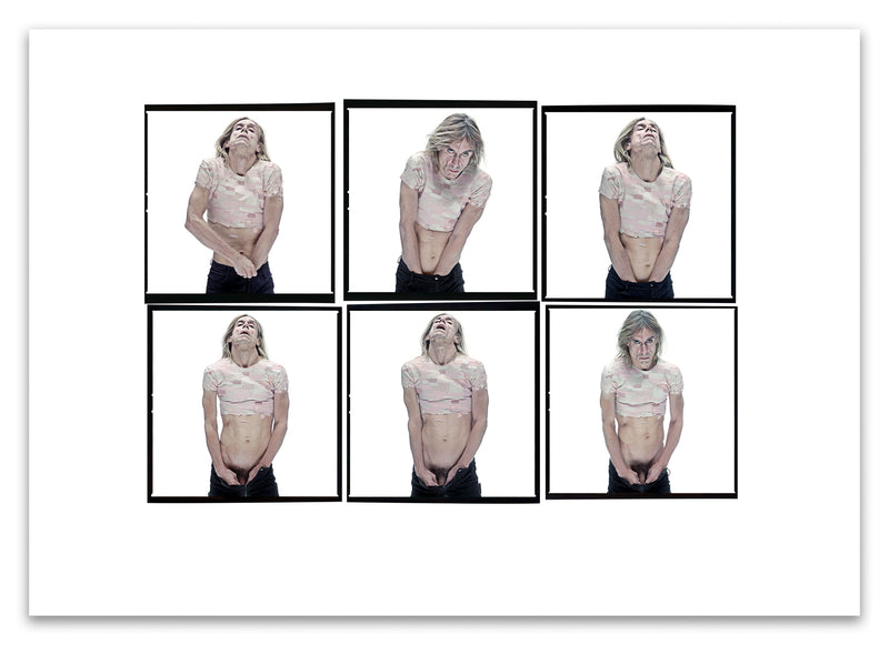 A2 Lightbox print of Iggy Pop by Gavin Evans. Six colour portraits from 1996 showing Bandaid top against white background. Open edition with white border, Lightbox Collection.