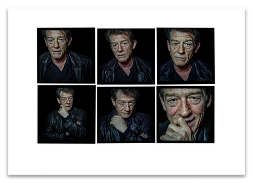 A2 Lightbox print of John Hurt by Gavin Evans. Six unfiltered close-up colour portraits from 1997. Open edition with white border, Lightbox Collection.