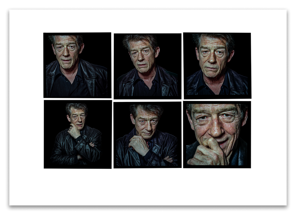 A2 Lightbox print of John Hurt by Gavin Evans. Six unfiltered close-up colour portraits from 1997. Open edition with white border, Lightbox Collection.