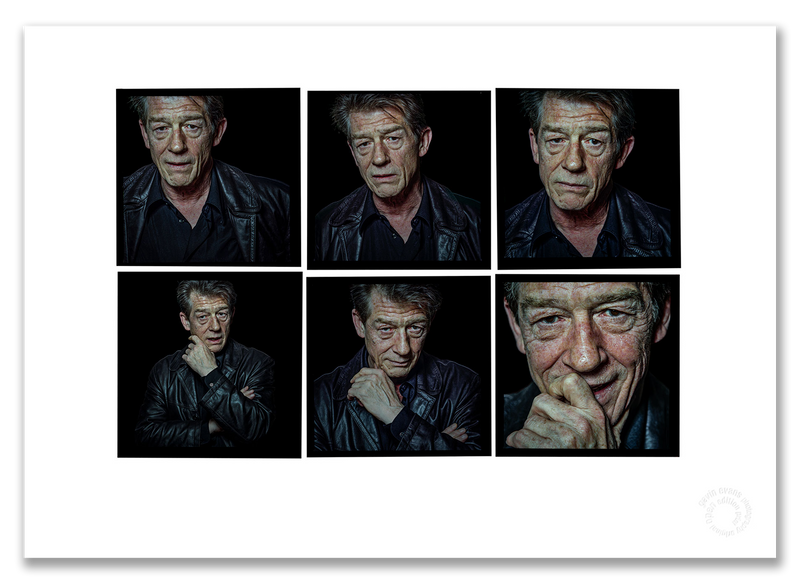 John Hurt Lightbox, six-frame colour extreme close-up portraits, black background, London 1997, by Gavin Evans — A2 fine art photography print